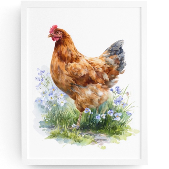 Watercolor Brown Hen with Wildflowers Portrait Wall Art Print Poster Unframed - Picture 1 of 6